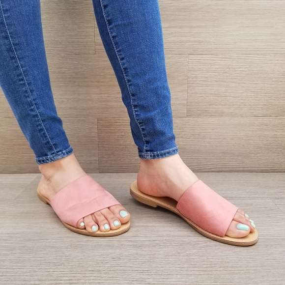 Suede Slip on Slider Pink Flat Sandals-C - Picture 6 of 8